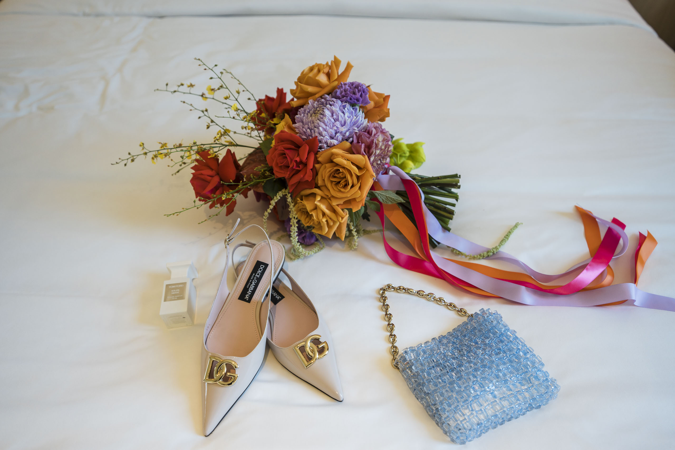 Bridal details, shoes, perfume, bouquet
