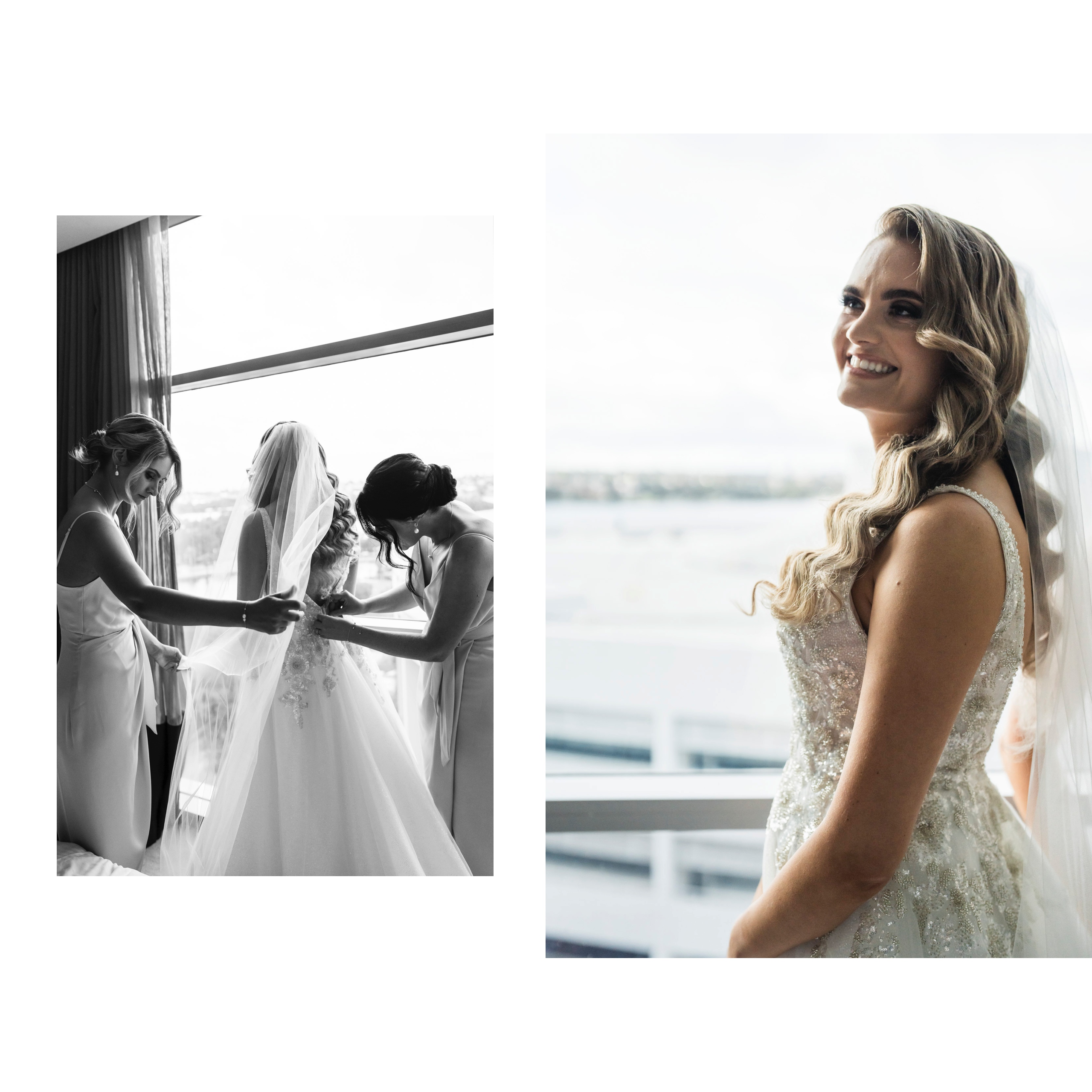 Bride getting in to her wedding dress